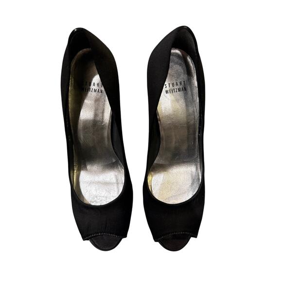 Stuart Weitzman Black Satin Peep Toe Heels with Crystal Stiletto | Size 9.5M - Picture 4 of 5